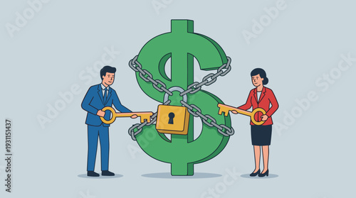Business Man and Woman Holding Golden Keys to Unlock a Large Green Dollar Sign Wrapped in Chains and Padlock, Concept for Financial Security, Wealth Management, Investment, and Business Success.