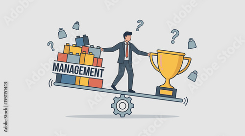 Businessman Balancing Management Word Blocks and Golden Trophy on a Seesaw over a Gear. Concept of Business Leadership, Risk Management, Success, and Problem Solving in Corporate Environment.