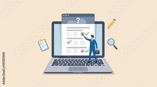 Online Test and Digital Survey Concept with Miniature Businessman Standing on Laptop Screen Filling Questionnaire Form, E-learning, Business Assessment, Feedback, and Online Education Illustration Art