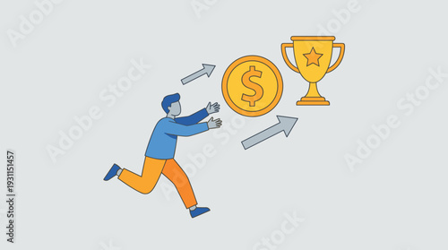 Vector illustration of a man chasing a gold dollar coin and a trophy cup, symbolizing extrinsic motivation, external rewards, financial incentives, career goals, and the pursuit of success.