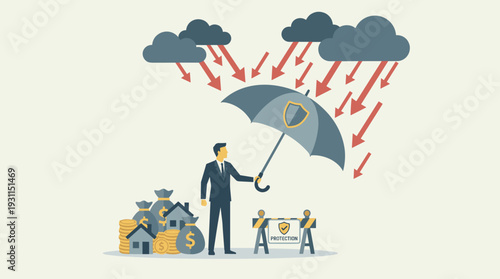 Businessman holding a protective umbrella over assets like money bags and houses during a financial crisis or stock market crash. Concept of wealth protection, risk management, and insurance safety.