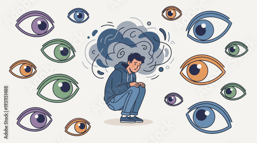 Vector illustration of a man suffering from social anxiety and paranoia, feeling overwhelmed and judged by giant staring eyes, representing mental health issues, fear, and psychological stress.