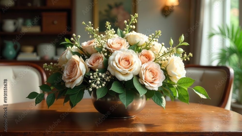 Fototapeta premium A delicate arrangement of blush and cream roses, nestled amongst lush greenery and tiny white blossoms, sits elegantly in a simple bowl on a polished wooden table, bathed in soft sunlight.