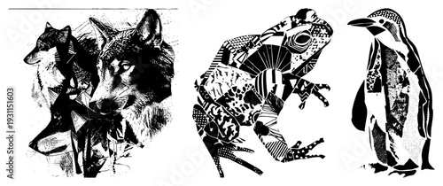 Stylized animals rendered with intricate geometric, vector illustration, wildlife motifs, isolated fauna, halftone inspired textures, modern graphic design.