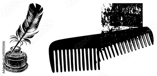 Classic writing tool with feather quill in inkwell, paired with vintage comb, vector art, retro stationery, historical grooming tools.