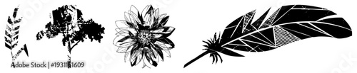 Stylized plant motifs including leaf, tree, flower, and feather rendered in high contrast vector art, featuring layered textures and geometric shading. Ideal for graphic design and print.
