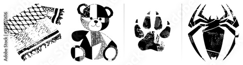 Plush teddy bear with halftone shading and geometric shapes, toy mascot, child’s companion, graphic, vector design.