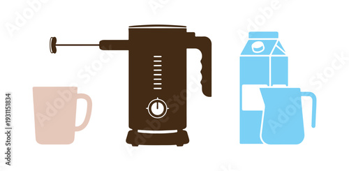 Making coffee with milk foam at home is easy! Includes a cup, bottle, and jug. Flat vector illustration set against a white backdrop.