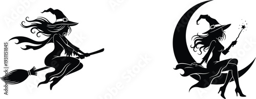 Witch silhouette set with flying broom and moon magic isolated on white vector illustration