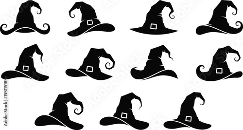 Witch hat silhouette set with spooky Halloween costume accessories isolated on white vector collection