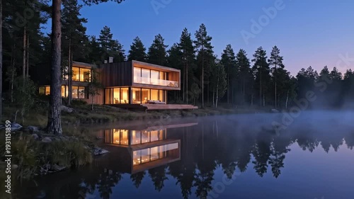 Modern wooden house with panoramic windows on a lake at dusk