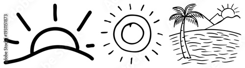 Tropical island sunset, palm tree silhouette, sun rising or setting, ocean waves, minimalist beachscape, hand drawn doodle style.