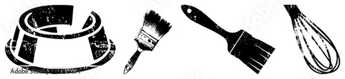 Rustic paintbrush, whisk, and bowl with grunge texture, culinary tools, cooking equipment, black silhouette, kitchenware collection.