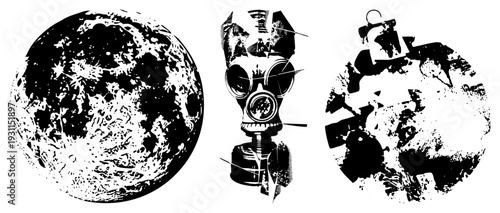 Stylized moon surface, gas mask, and fragmented planet graphic, all in high contrast vector art. Grunge textures, halftone, and distressed edges.