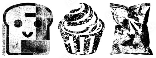 Stylized food with halftone texture, bread slice with eyes, cupcake swirl, crinkled snack bag, vector art, retro graphic design.