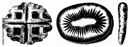 Classic waffle iron with grid, sliced kiwi with black seeds, carrot with textured skin, all rendered in vintage engraved vector art.