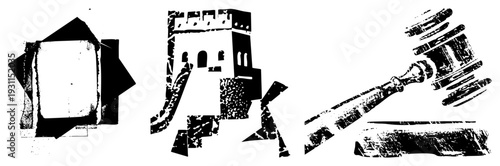 Graphic symbols representing home, fortress, and judicial, rendered in high contrast halftone with fragmented shapes, ideal for legal, real, or architectural branding.