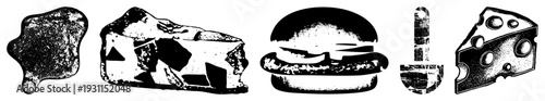 Cheese wedge with holes, burger sandwich, sponge, spatula, and abstract blob in black and white halftone, food, graphic elements, minimalist design.