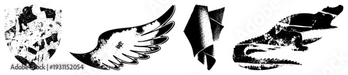 Grunge halftone shield, stylized wing emblem, geometric diamond form, crocodile silhouette vector for branding, logos, or graphic design projects.