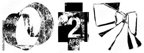 Distressed vector symbols including letter Q, date marker "2 APR", and ribbon bow, rendered in high contrast black and white with grainy texture. Ideal for retro or vintage design projects.