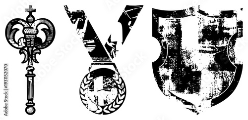Vintage key, award medal with laurel wreath, shield with distressed texture, black and white vector symbols for, awards,, and insignia design.