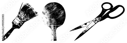 Stylized black vector of paintbrush, table tennis paddle, and scissors with halftone texture, artistic tools, creative gear, graphic design elements, isolated on transparent background.