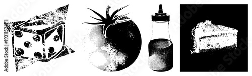 Stylized halftone illustrations of a die, tomato, condiment bottle, and cake slice, rendered in black and white with dot, ideal for graphic design or print.