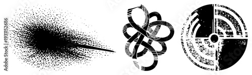 Black vector graphics radial dot burst, interwoven knot, textured compass. Graphic design elements with halftone, glitch, and geometric styles. Ideal for branding or digital art.