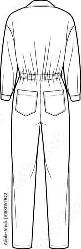 Flat vector illustration of long sleeve jumpsuit back view, minimalist fashion technical drawing with elastic waist detail, apparel mockup isolated on background.