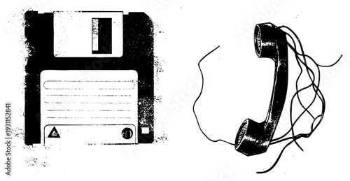 Classic 3.5 inch floppy disk with label slot and rotary phone handset with tangled cord, nostalgic computing and communication symbols.