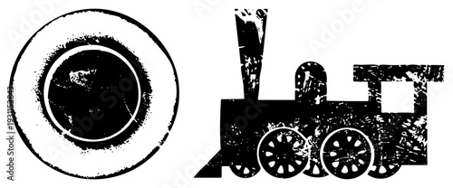 Grungy black vector train and wheel graphic, distressed ink style, railroad, railway symbol, mechanical silhouette, illustration.