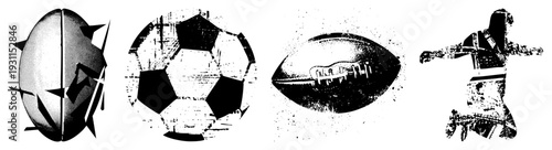 Graphic design featuring stylized rugby, soccer, and football with glitched halftone, abstracted forms, vector art, and distorted geometric shapes.