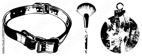 Black and white vector illustrations of a dog collar with buckle, fan shaped makeup brush, and circular grunge pendant. Graphic design elements for branding or tattoo art.