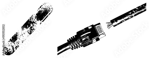 Damaged network with corroded RJ45 plug, exposed internal wires, digital connectivity failure, tech repair illustration, network infrastructure component.