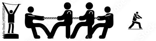 Silhouetted figures pulling rope in tug of war, winner raising arms victoriously, stylized team sport, competitive spirit, victory celebration.