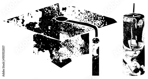 Academic cap with tassel, graduation symbol, drink cup with straw, halftone graphic, student celebration, educational milestone design.