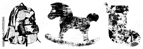 Retro styled backpack, wooden rocking horse, festive, all in halftone vector art, isolated graphic elements, nostalgic childhood items, black and white dot design.