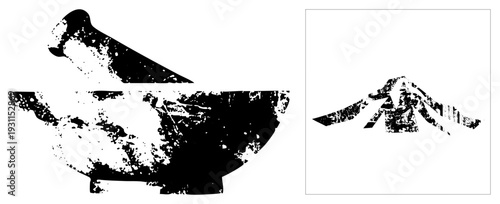 Stone mortar and pestle for grinding spices, herbal grinder, kitchen tool, traditional culinary equipment, rustic black and white graphic.