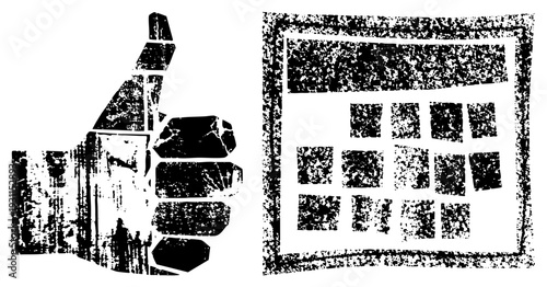 Rough textured thumbs up symbol and pixelated calendar grid, distressed vector, approval and scheduling concepts, digital graphic elements.
