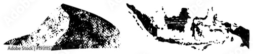Vector silhouette of Indonesia with distressed texture, archipelago map, island nation, Southeast Asian geography, black and white halftone design.