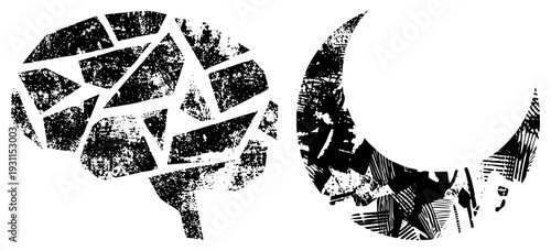 Abstract brain and moon with distressed textures, graphic art, symbols, conceptual illustration, black and white vector art.