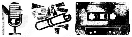 Retro equipment symbols including mic, cassette, and stylus, stylized vector graphics,, nostalgic music tech, isolated.