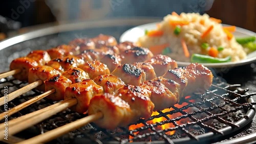 Grilled chicken skewers, glistening with a savory glaze, are artfully arranged alongside a vibrant plate of rice. this photo shows the delicious combination of food.