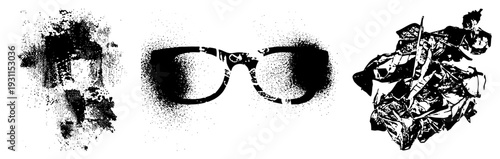 Retro eyeglasses with halftone shading, paired with abstract crumpled paper forms, vector art, style, graphic design element.