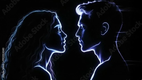 A striking digital portrait captures the profound connection between two individuals, their silhouettes glowing with an ethereal light against a dark backdrop.