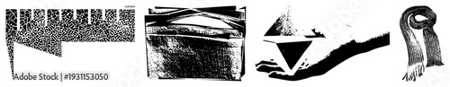Four stylized vector shapes fragmented comb, stacked box, hand holding, fringed. halftone, graphic art, isolated elements.