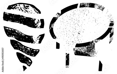 Black and white vector graphic with distressed ink splatters, halftone grain, and fragmented organic shapes, ideal for gritty design projects.