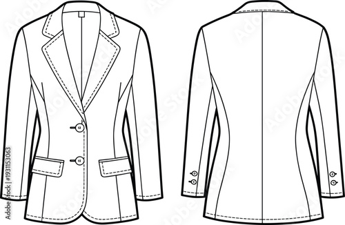 Flat vector illustration of tailored blazer front and back view, classic formal jacket technical drawing, fashion apparel mockup template isolated on light background