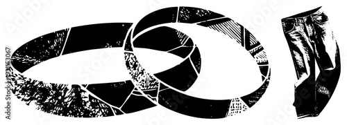 Two interlocking rings with fragmented, textured surfaces, paired with stylized distressed jeans, graphic design, stencil art, black and white vector, urban fashion.