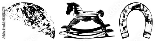 Classic rocking horse toy with distressed wood texture, rustic horseshoe, and fragmented moon graphic, vector illustration, nostalgic children’s plaything, antique toy design.